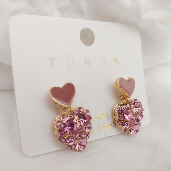 boutique Jewelry - Kawaii Korean Pink Crystal Heart Dangle Earrings